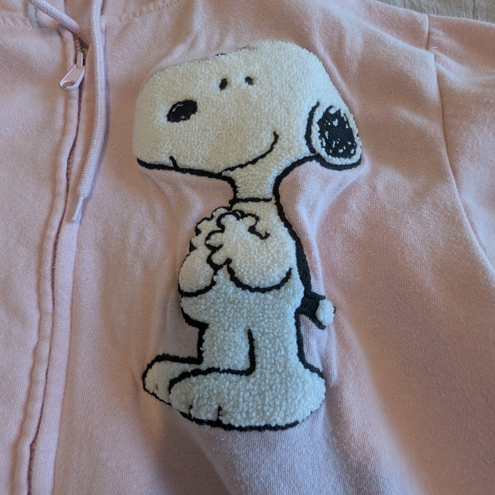 Peanuts Ladies Light Pink Snoopy Woodstock Hoodie XS Oversized Graphic Patches - Picture 2 of 8